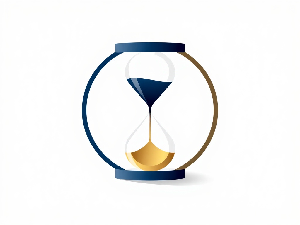 Abstract icon: A sleek stylized hourglass inside a minimalist circle, formed by geometric lines suggesting a clock, with a subtle gradient of gold and navy, on a clean white background, photorealistic, 8k commercial vector style.